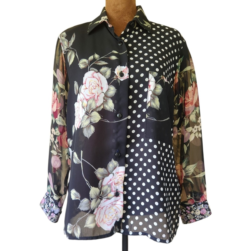 Vtg Judy Knapp Blouse Size M Multicolor Floral Polka Dot Sheer Cottagecore Top